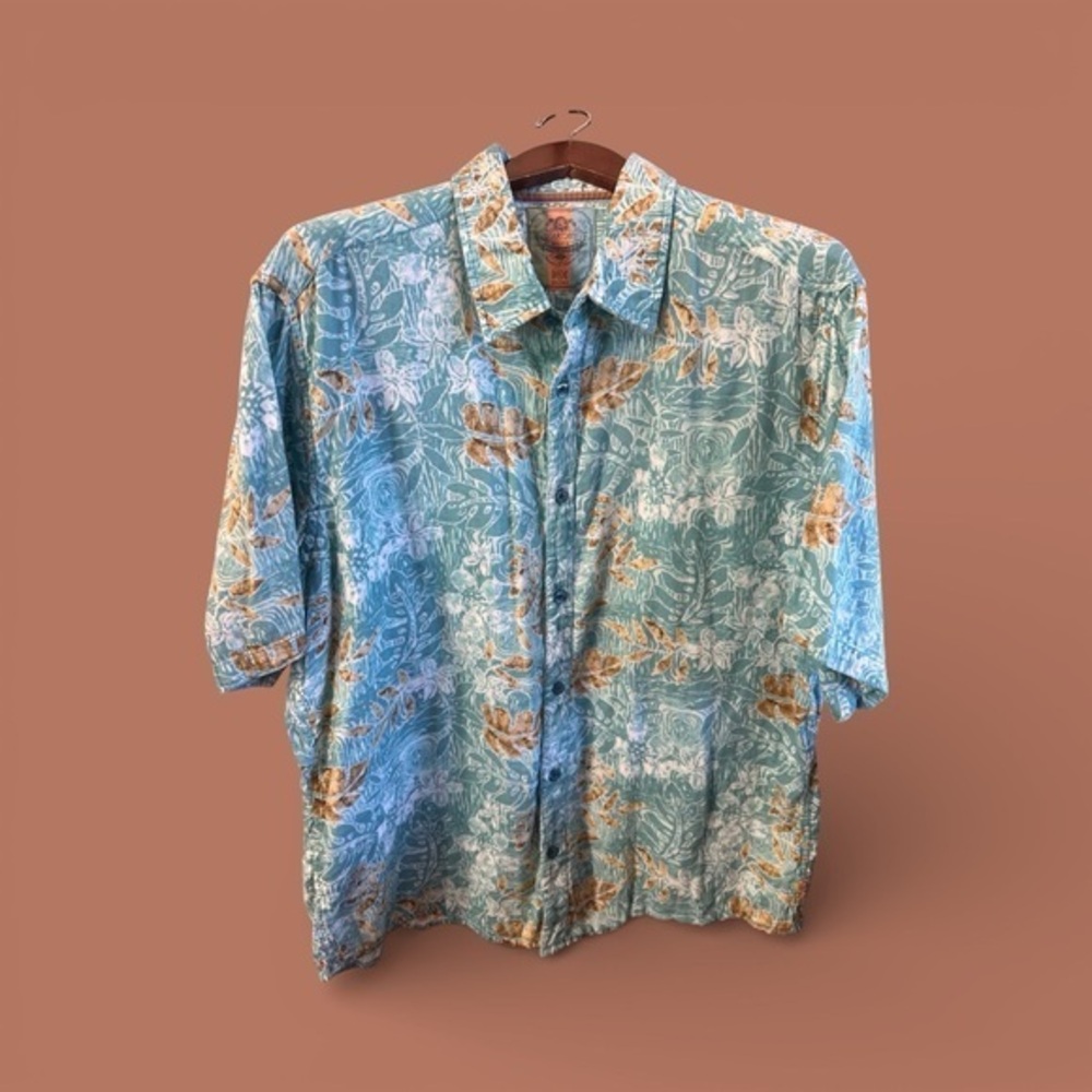 Margaritaville Men's BBQ Shirt - Teal and Tan Tropical Floral Hawaiian Beach Top